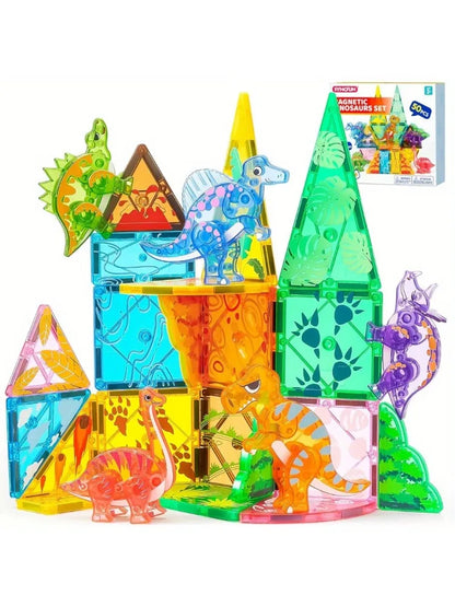 JOYFY 50Pcs Magnetic Building Tiles Dinosaur Set for Kids Christmas Birthday Gift 5 Cute Dinosaurs Educational STEM Toy