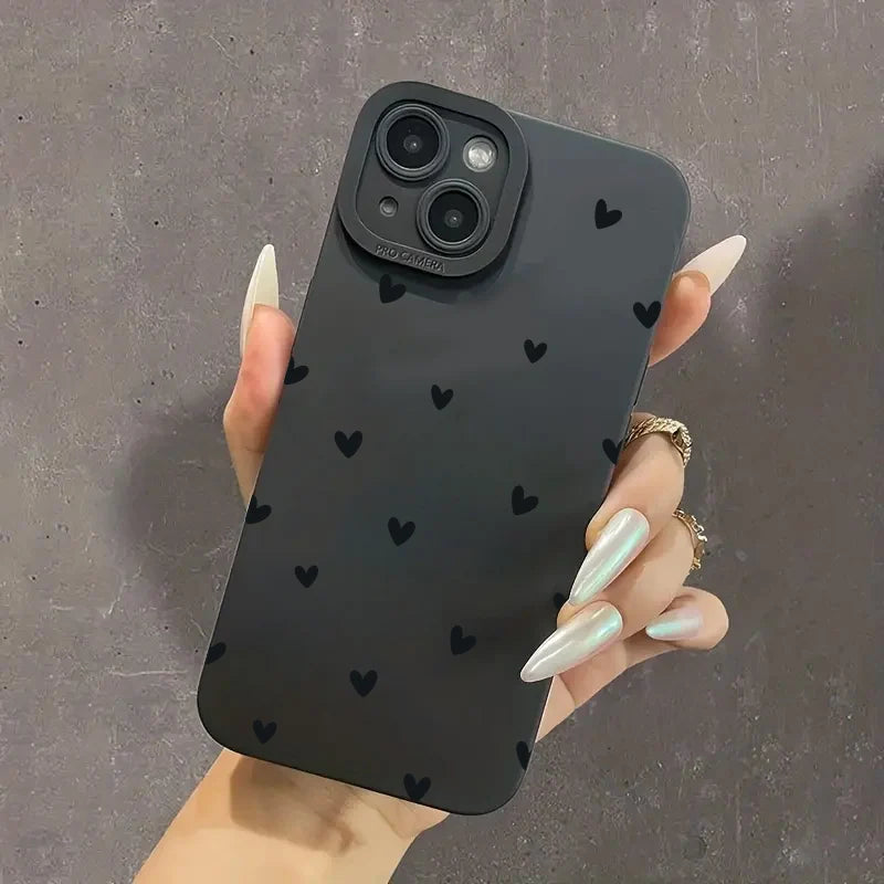 Black Love Heart Phone Case For iPhone 17 16E 16 15 14 11 Pro Max Air 12 13 XS XR X 8 7 Plus SE2 Shockproof Soft Silicone Cover