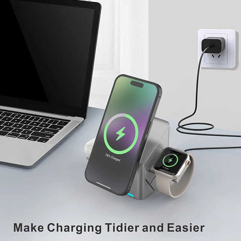 2025 Desktop Portable  Qi2 Phone Wireless Fast Charging Stand Magnetic Foldable 3 in 1 Cube Wireless Charger Dock