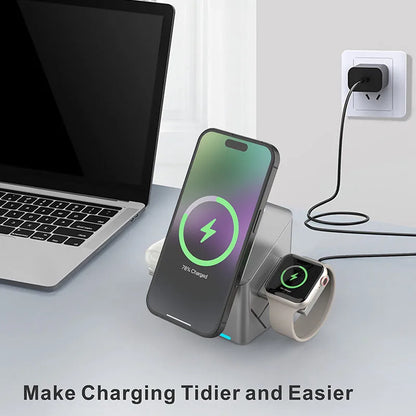 2025 Desktop Portable  Qi2 Phone Wireless Fast Charging Stand Magnetic Foldable 3 in 1 Cube Wireless Charger Dock
