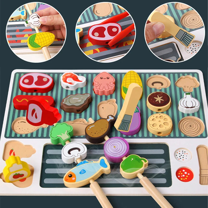 Wooden BBQ Grill Toy Set, Montessori Cooking Experience, Barbecue Simulation Food, Wooden Play House Toys, Gift for Kids