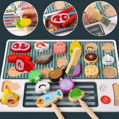 Wooden BBQ Grill Toy Set, Montessori Cooking Experience, Barbecue Simulation Food, Wooden Play House Toys, Gift for Kids