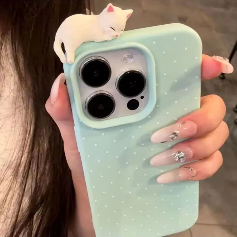 Korea Lovely Polka Dot 3D Cat Phone Case – iPhone 17 16 15 14 13 12 Series