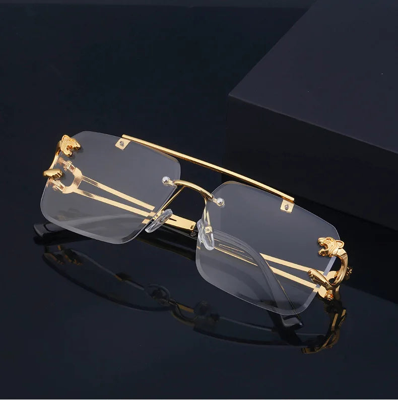 Fashion Metal Leopard Rimless Sunglasses – UV400 Double Bridge Gradient Shades for Men & Women
