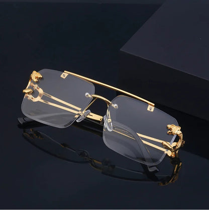 Fashion Metal Leopard Rimless Sunglasses – UV400 Double Bridge Gradient Shades for Men & Women