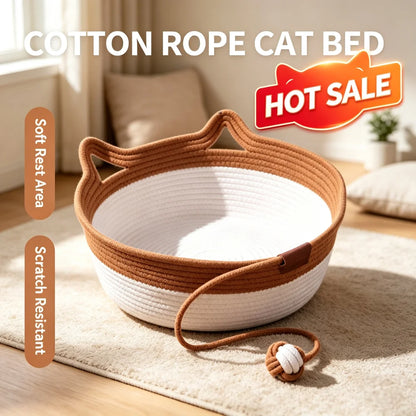 Caramel Handwoven Cat Bed Cotton Rope Basket with Toy Ball Durable Scratchable Resting Nest for Kittens Indoor Cats