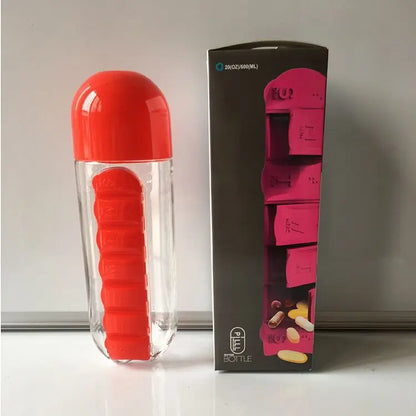 Portable Water Bottle with Built-in Pill Box for Medicines, Vitamins, Perfect for Outdoor, Gym, Fitness, Camping and Traveling
