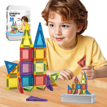 3D Magnetic Tiles Building Set - 38/60PCS STEM Construction Blocks with Storage Tin for Kids' Creative Play