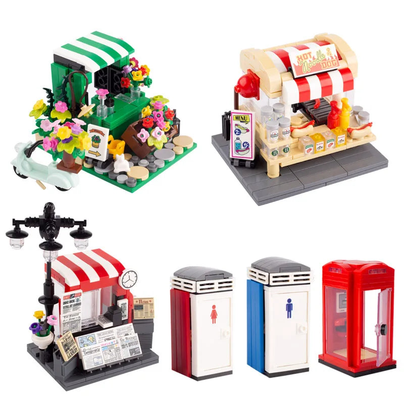 MOC City Series Scene Building Blocks Flower Shop Garden white poplar Men's restroom DIY Kids Toys Park Bench Street Lamp Toys