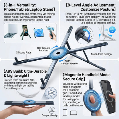 ABS 3 in 1 Portable Magnetic Phone Holder Selfie Multi-functional Stick Foldable Tripod Stand for iPhone iPad Tablet Laptop Desk