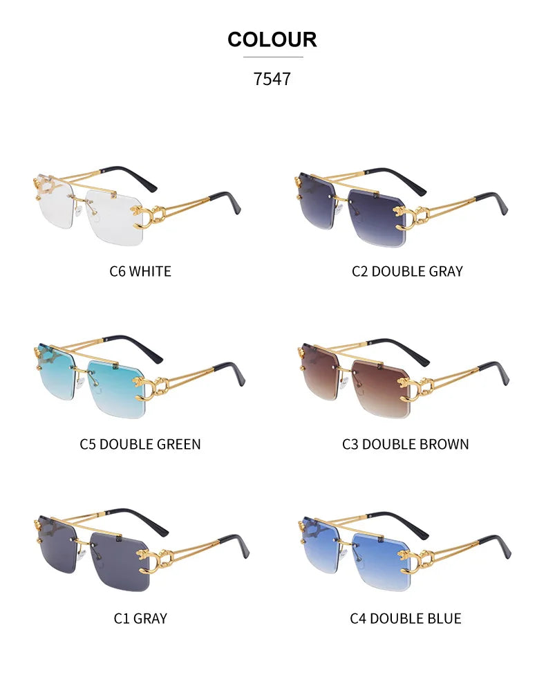 Fashion Metal Leopard Rimless Sunglasses – UV400 Double Bridge Gradient Shades for Men & Women