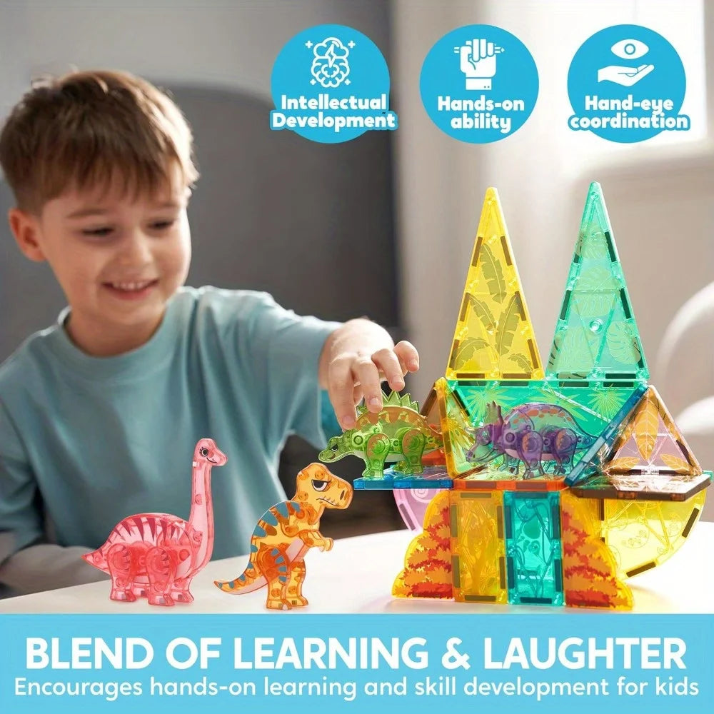 JOYFY 50Pcs Magnetic Building Tiles Dinosaur Set for Kids Christmas Birthday Gift 5 Cute Dinosaurs Educational STEM Toy