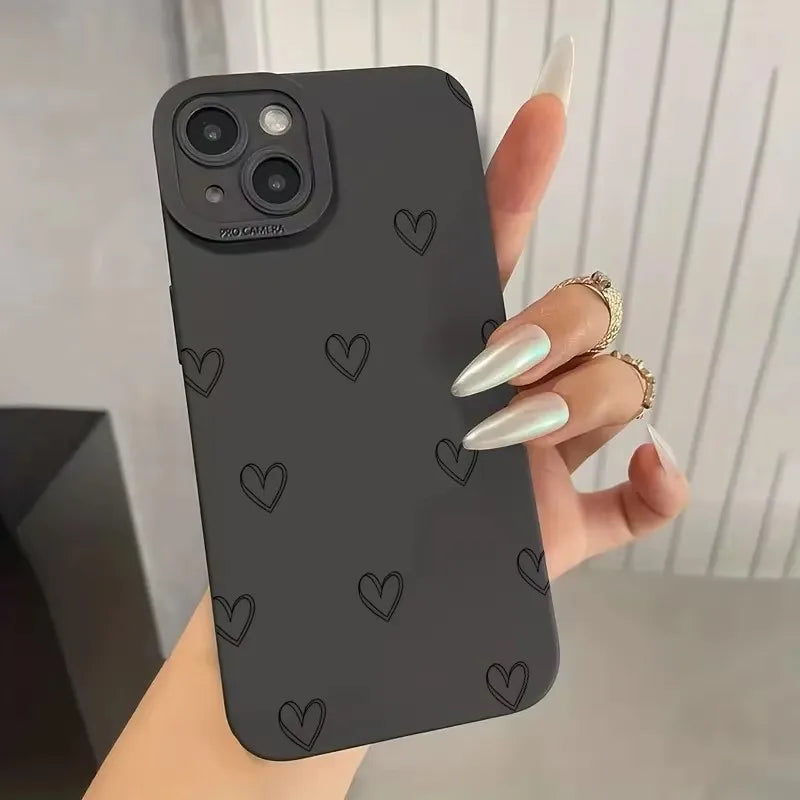 Black Love Heart Phone Case For iPhone 17 16E 16 15 14 11 Pro Max Air 12 13 XS XR X 8 7 Plus SE2 Shockproof Soft Silicone Cover