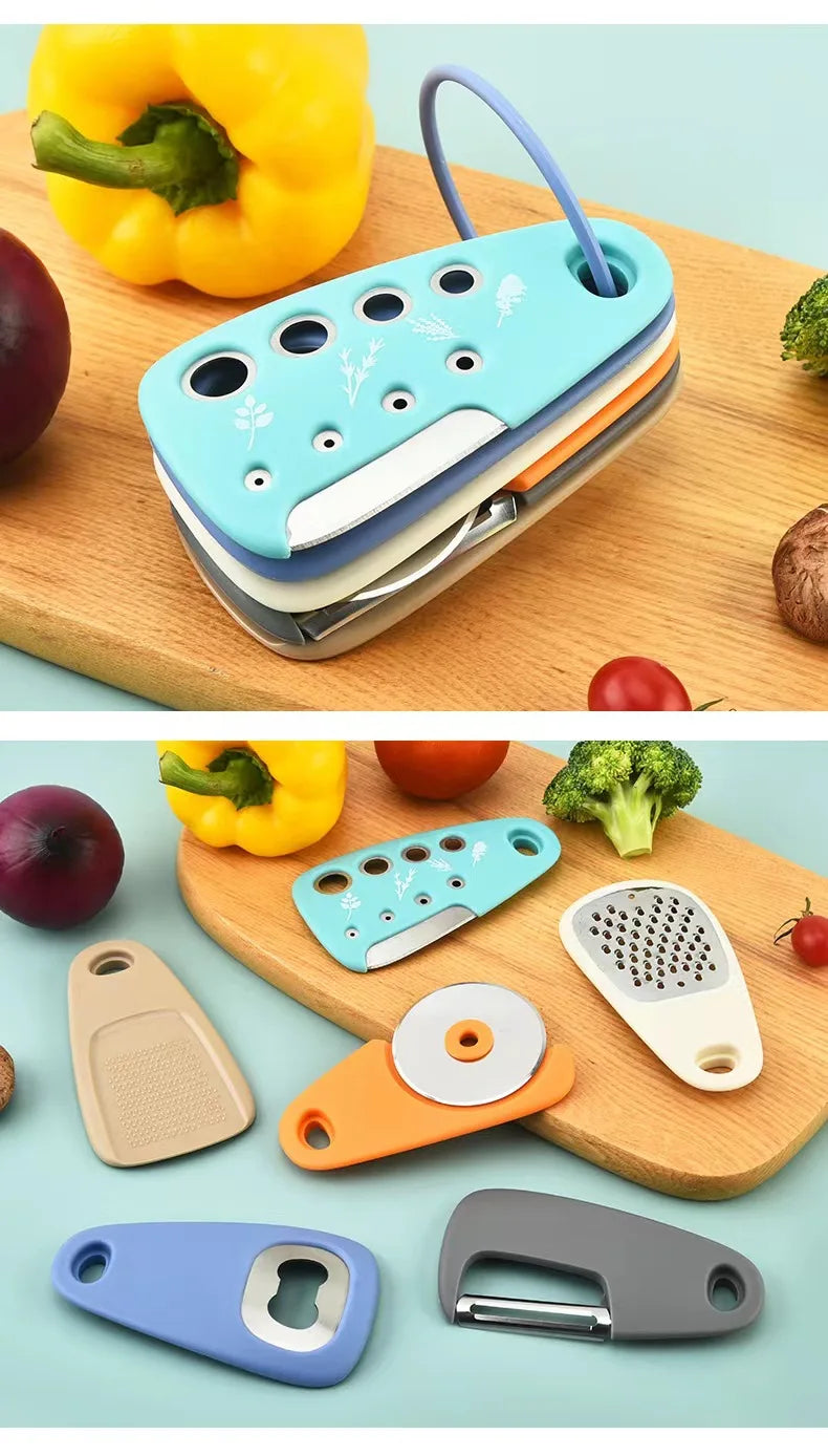 Kitchen Gadget Set – 6-Piece Pizza Knife, Vanilla Cutter, Bottle Opener, Shredder & Garlic Grinder