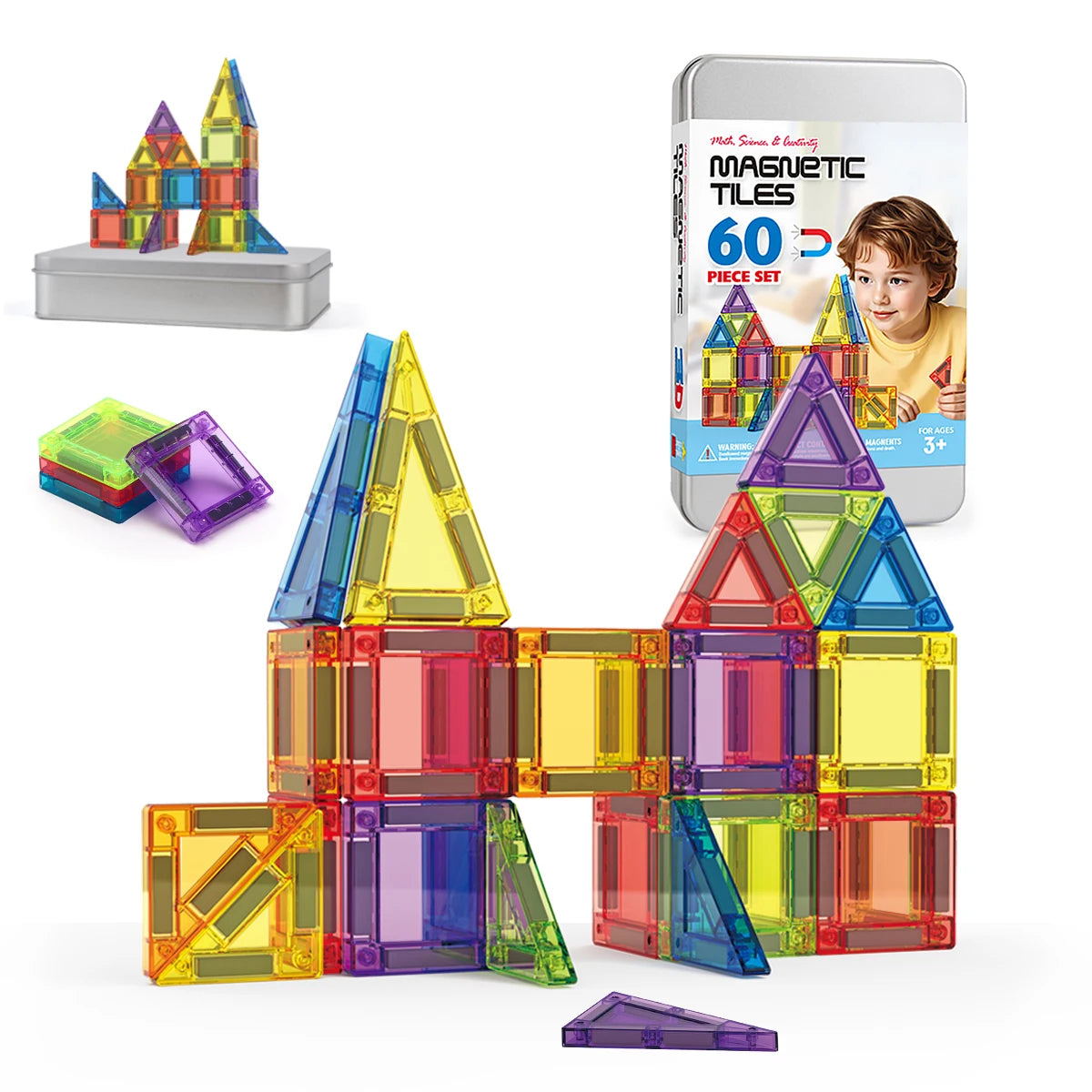 3D Magnetic Tiles Building Set - 38/60PCS STEM Construction Blocks with Storage Tin for Kids' Creative Play