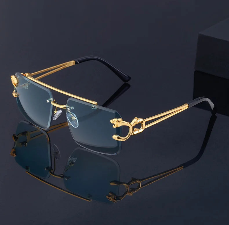 Fashion Metal Leopard Rimless Sunglasses – UV400 Double Bridge Gradient Shades for Men & Women