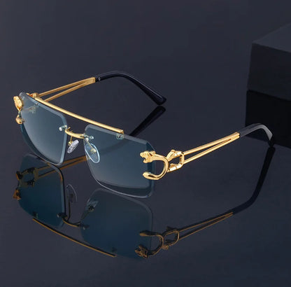 Fashion Metal Leopard Rimless Sunglasses – UV400 Double Bridge Gradient Shades for Men & Women