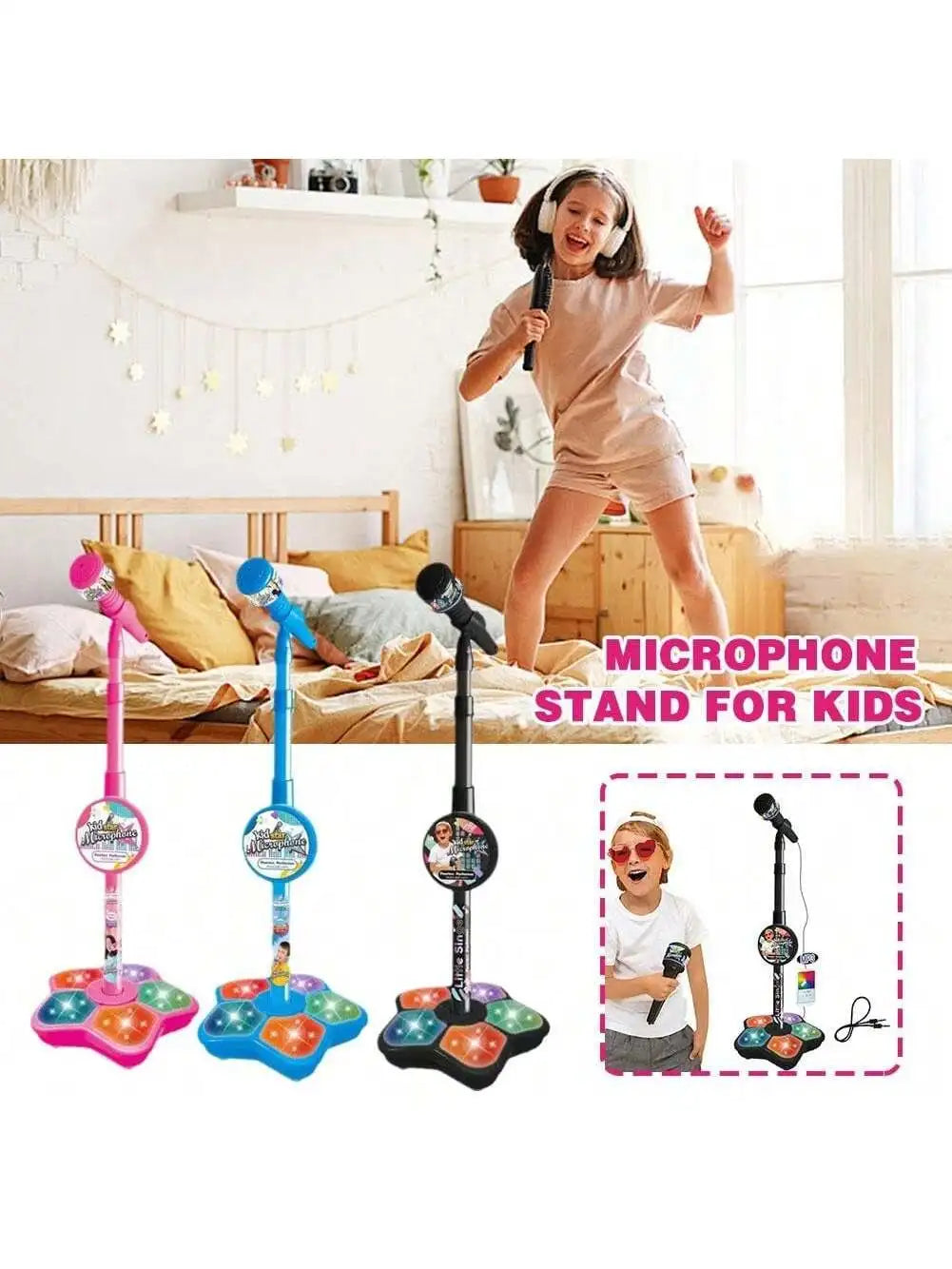 Kids Karaoke Microphone Toy with Speaker, Stand & Light Up Effects