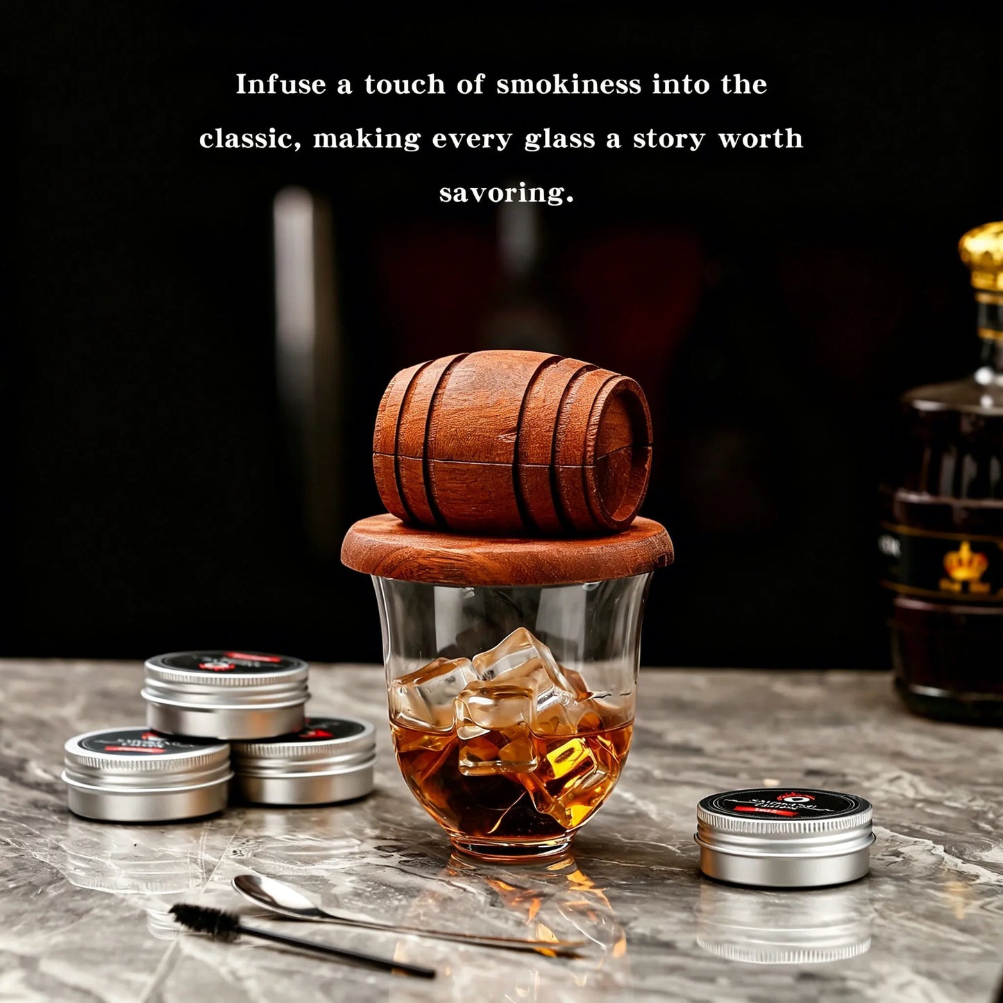 Whiskey Smoker Kit With 4 Flavors Wood Chips Wooden Barrel Design Infuser For Old Fashioned Bourbon Perfect Holiday Gift For Men
