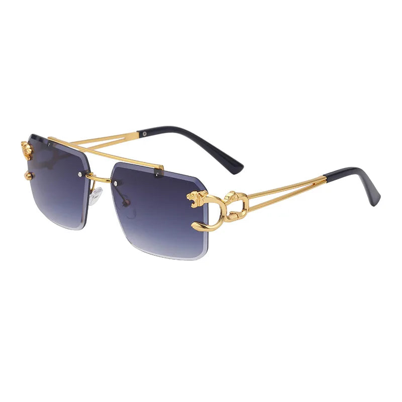 Fashion Metal Leopard Rimless Sunglasses – UV400 Double Bridge Gradient Shades for Men & Women