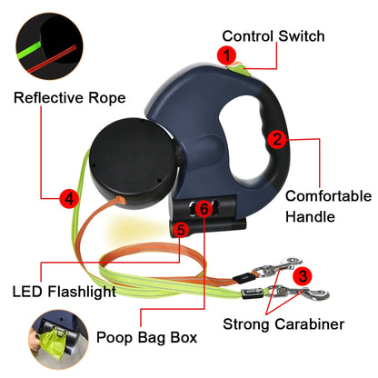 Retractable Dual Dog Leash with LED Lights – 3M Reflective No-Tangle Leash for Small Dogs & Cats