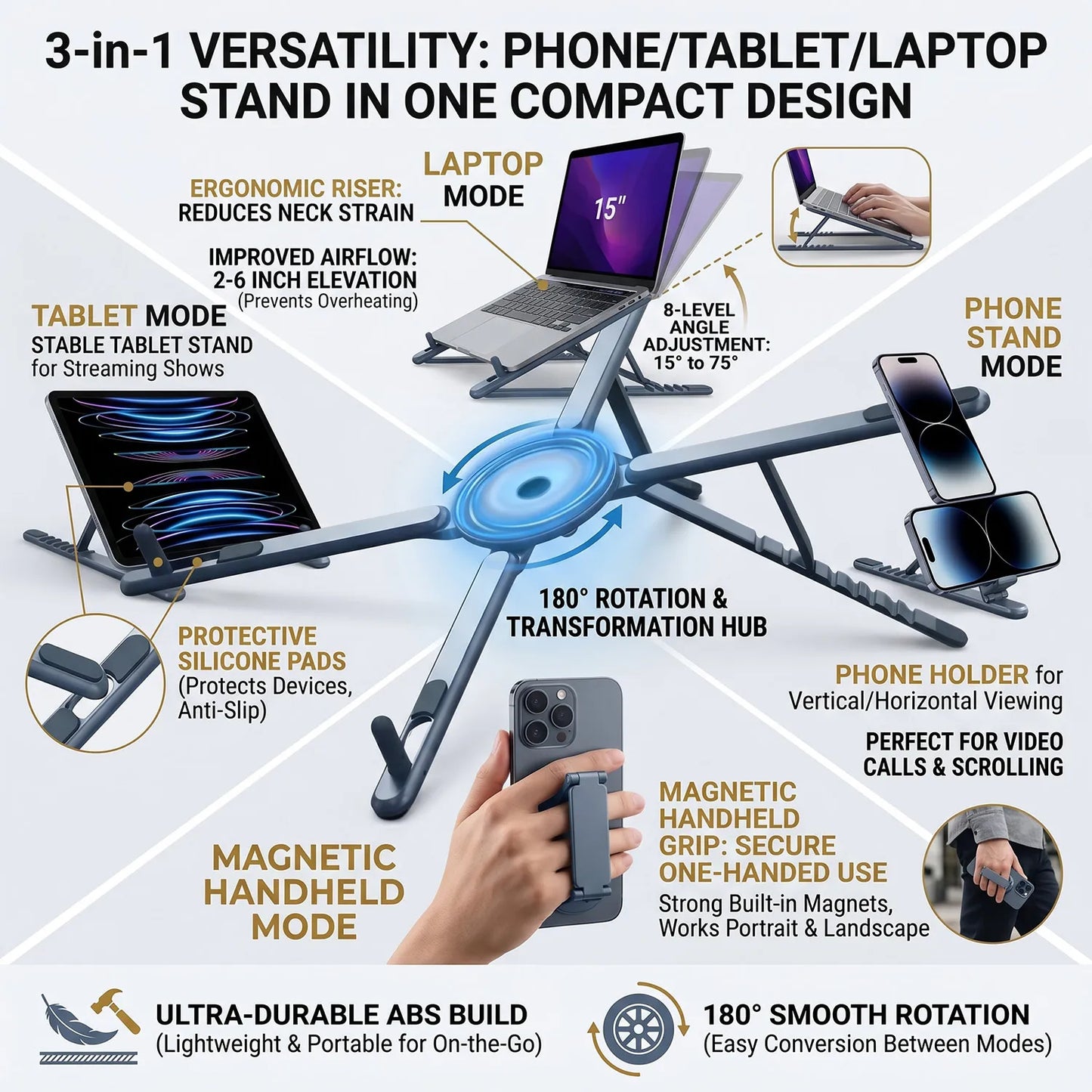 ABS 3 in 1 Portable Magnetic Phone Holder Selfie Multi-functional Stick Foldable Tripod Stand for iPhone iPad Tablet Laptop Desk