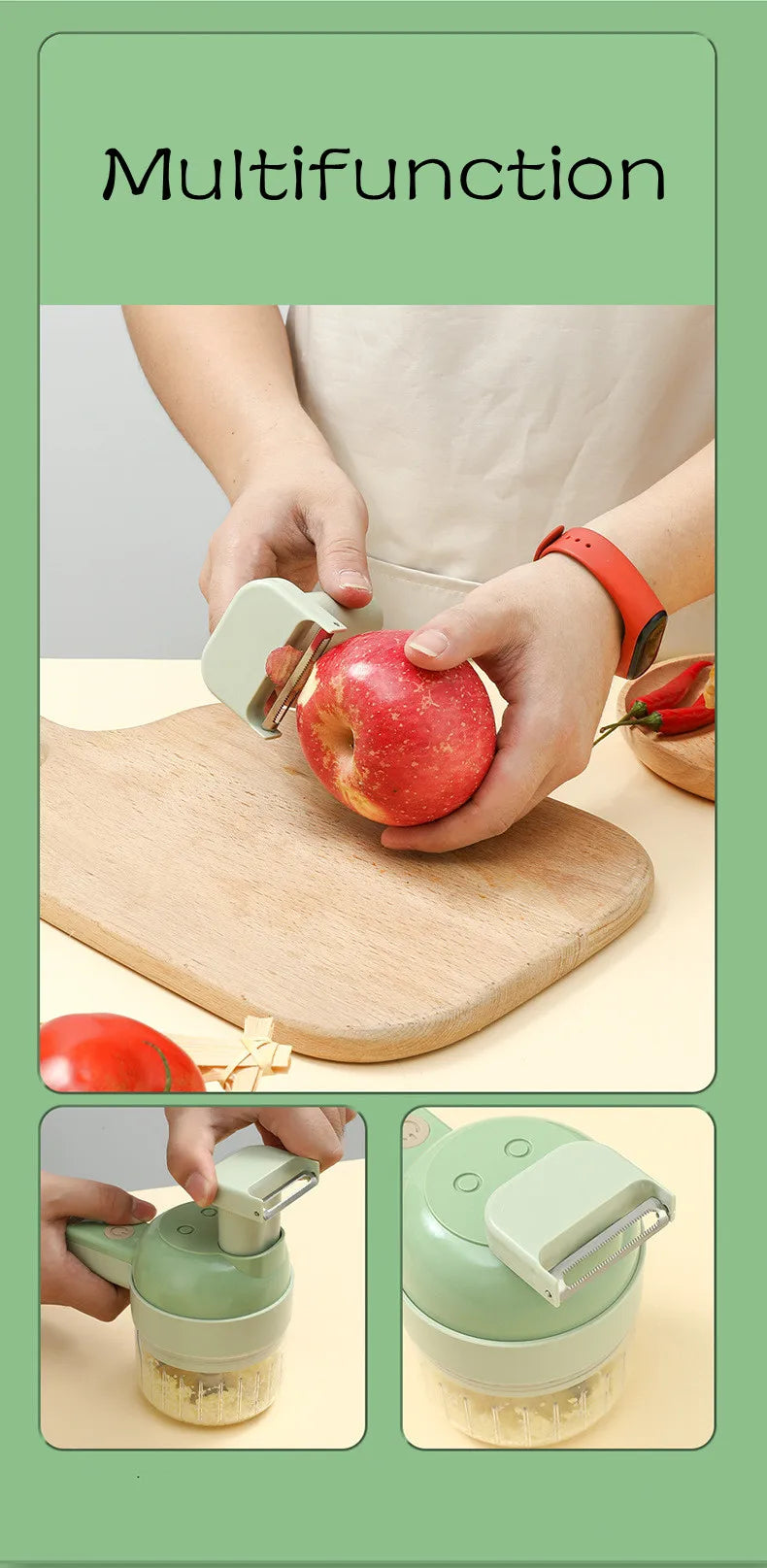 4-in-1 Electric Vegetable Cutter Set – Wireless Chopper, Grinder, Masher & Peeler