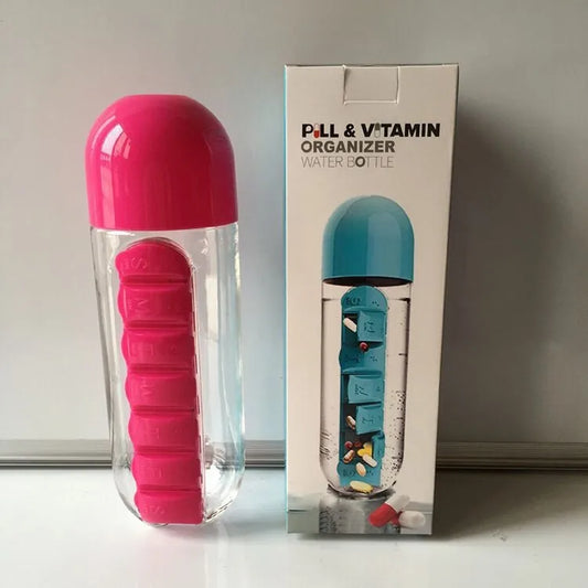 Portable Water Bottle with Built-in Pill Box for Medicines, Vitamins, Perfect for Outdoor, Gym, Fitness, Camping and Traveling