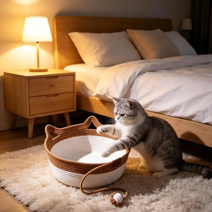 Caramel Handwoven Cat Bed Cotton Rope Basket with Toy Ball Durable Scratchable Resting Nest for Kittens Indoor Cats