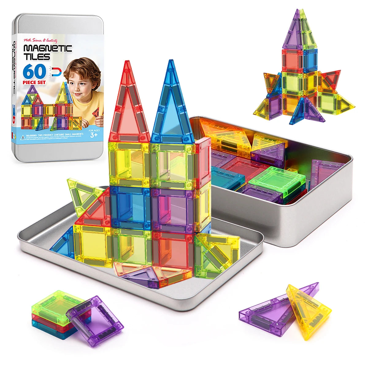 3D Magnetic Tiles Building Set - 38/60PCS STEM Construction Blocks with Storage Tin for Kids' Creative Play
