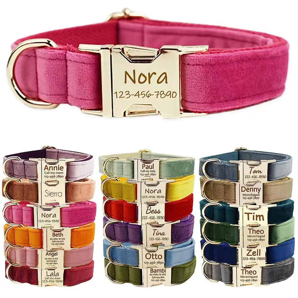 Personalised Velvet Dog Collar – Custom Engraved Name & ID Tag | Adjustable XS–XL