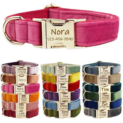 Personalised Velvet Dog Collar – Custom Engraved Name & ID Tag | Adjustable XS–XL