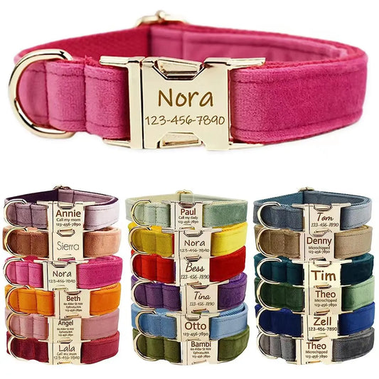 Personalised Velvet Dog Collar – Custom Engraved Name & ID Tag | Adjustable XS–XL
