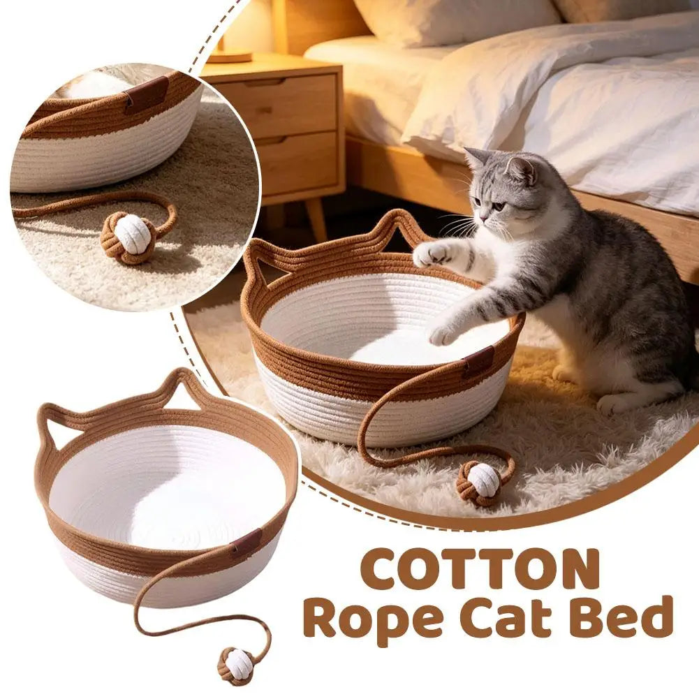 Caramel Handwoven Cat Bed Cotton Rope Basket with Toy Ball Durable Scratchable Resting Nest for Kittens Indoor Cats