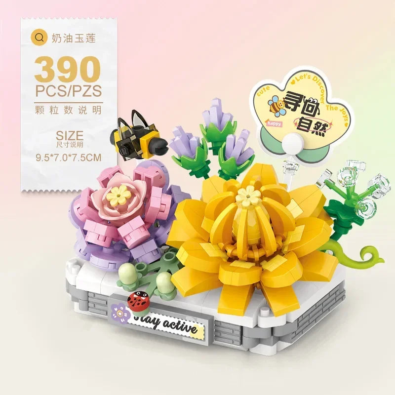Mini Potted Succulent Flower Building Blocks DIY Cute Bouquet Model Ornaments Adult Children Assembly Toy Boys Girls Gift