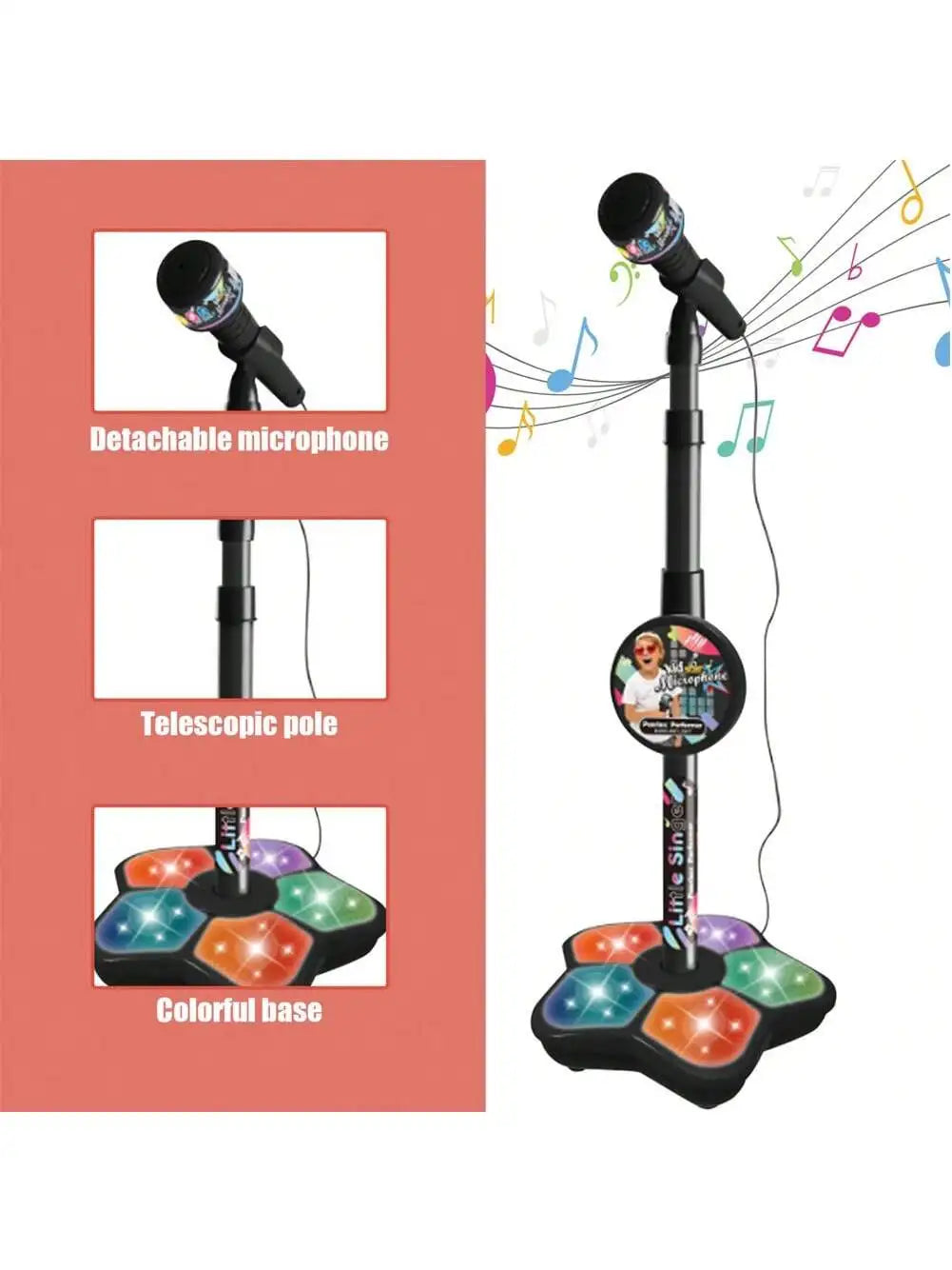 Kids Karaoke Microphone Toy with Speaker, Stand & Light Up Effects