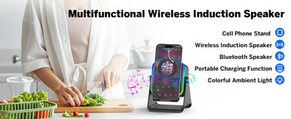 5-in-1 Wireless Induction Speaker & Phone Holder – RGB Lights & HIFI Surround Sound