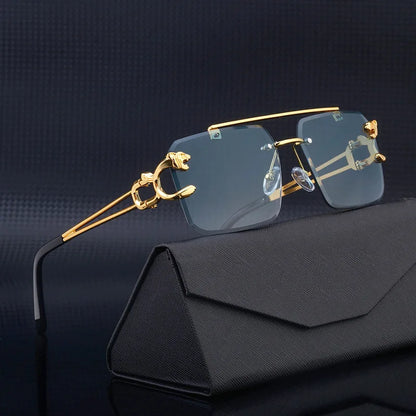 Fashion Metal Leopard Rimless Sunglasses – UV400 Double Bridge Gradient Shades for Men & Women