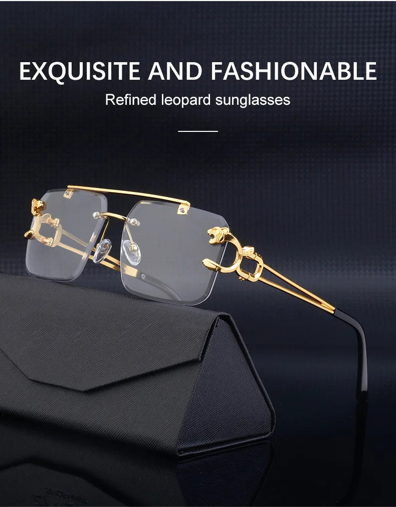 Fashion Metal Leopard Rimless Sunglasses – UV400 Double Bridge Gradient Shades for Men & Women