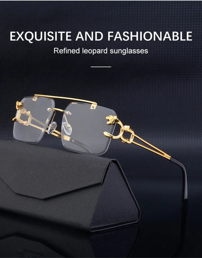 Fashion Metal Leopard Rimless Sunglasses – UV400 Double Bridge Gradient Shades for Men & Women