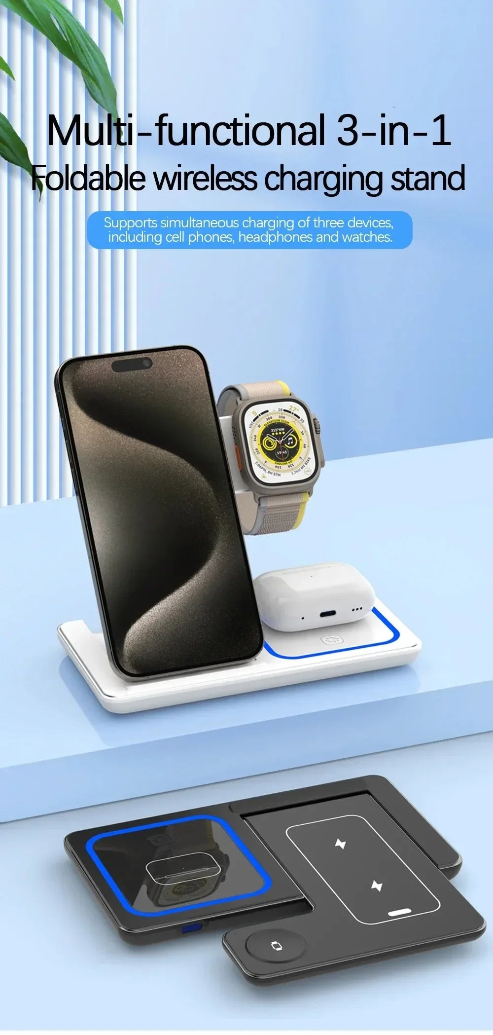 3-in-1 Wireless Charger Stand – 30W Fast Charging for iPhone, Apple Watch & AirPods
