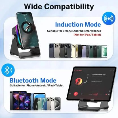 5-in-1 Wireless Induction Speaker & Phone Holder – RGB Lights & HIFI Surround Sound