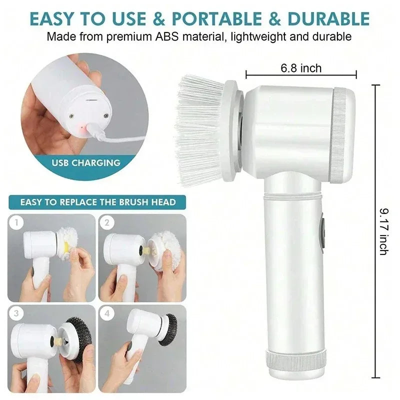 5-in-1 Electric Spin Scrubber with 5 Replaceable Brush Heads