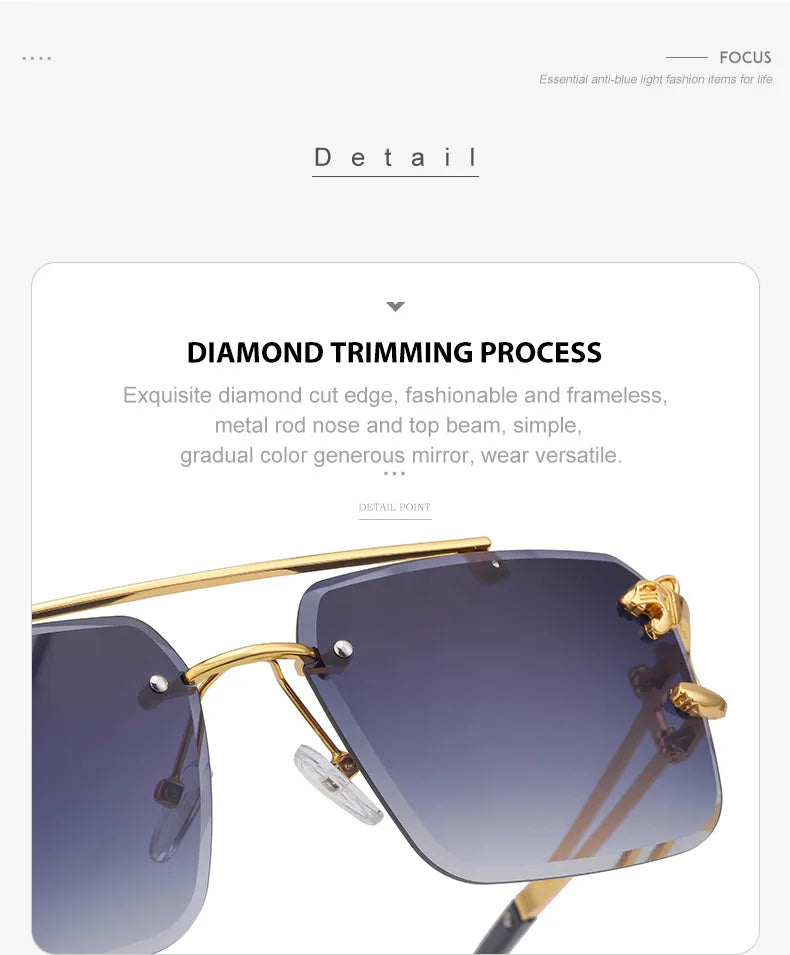 Fashion Metal Leopard Rimless Sunglasses – UV400 Double Bridge Gradient Shades for Men & Women
