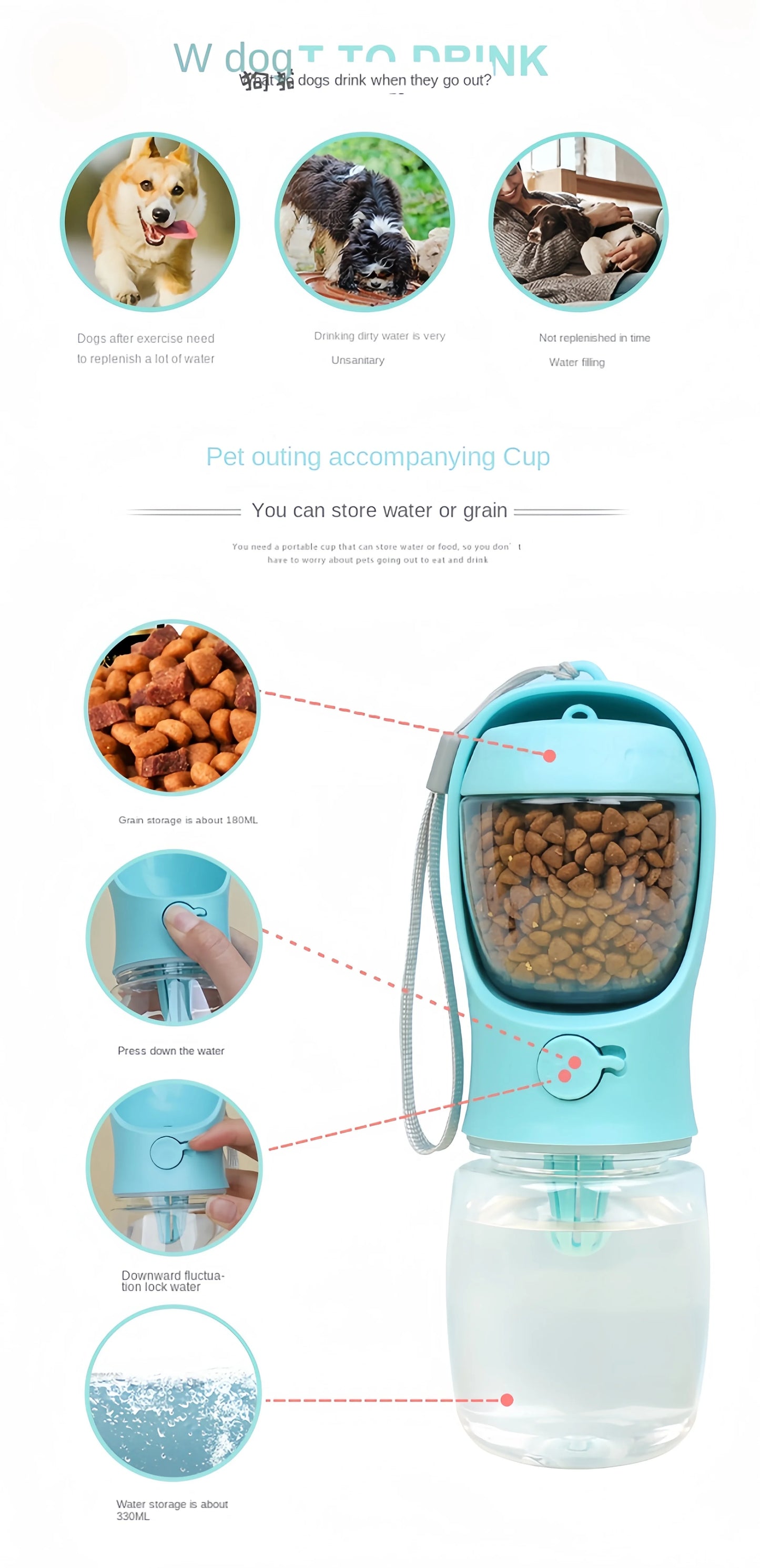 Portable Dog Water Bottle with Food & Water Storage – Travel Feeder Bowl for Pets