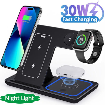 3-in-1 Wireless Charger Stand – 30W Fast Charging for iPhone, Apple Watch & AirPods