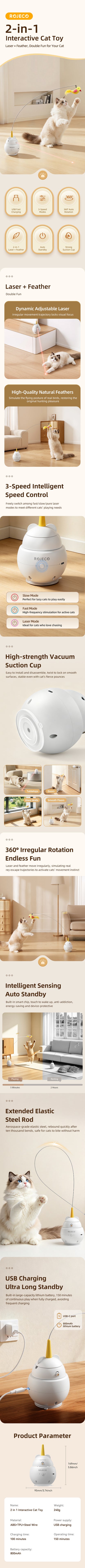 ROJECO 2-in-1 Automatic Laser & Feather Cat Toy | Electric Interactive Kitten Toy