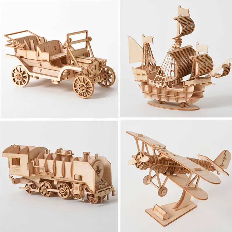 DIY 3D Wooden Puzzle for Assembly Puzzle Laser Cutting Sailing Ship Biplane Steam Locomotive Train Toy DIY Kit for