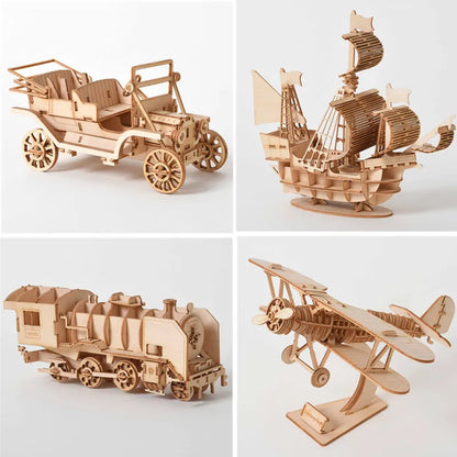 DIY 3D Wooden Puzzle for Assembly Puzzle Laser Cutting Sailing Ship Biplane Steam Locomotive Train Toy DIY Kit for