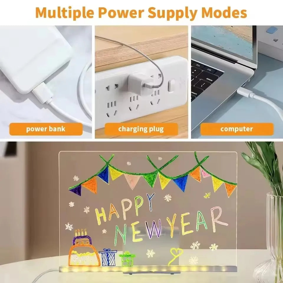 LED Drawing Board Acrylic Message Board Erasable USB Drawing Board Birthday Gift Advertising for Creative Activities with Stand